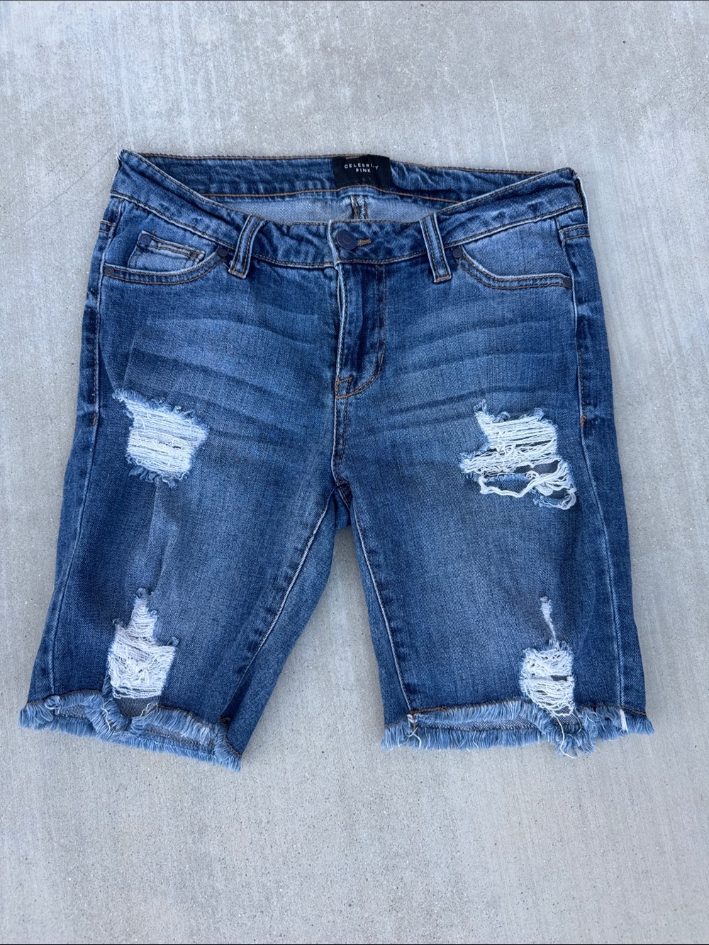 Celebrity Pink Distressed Dark Blue Denim Bermuda Shorts